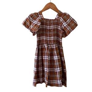 Copper Key Girls Brown Smocked Plaid Flutter Short Sleeve Dress Size 4 NWT